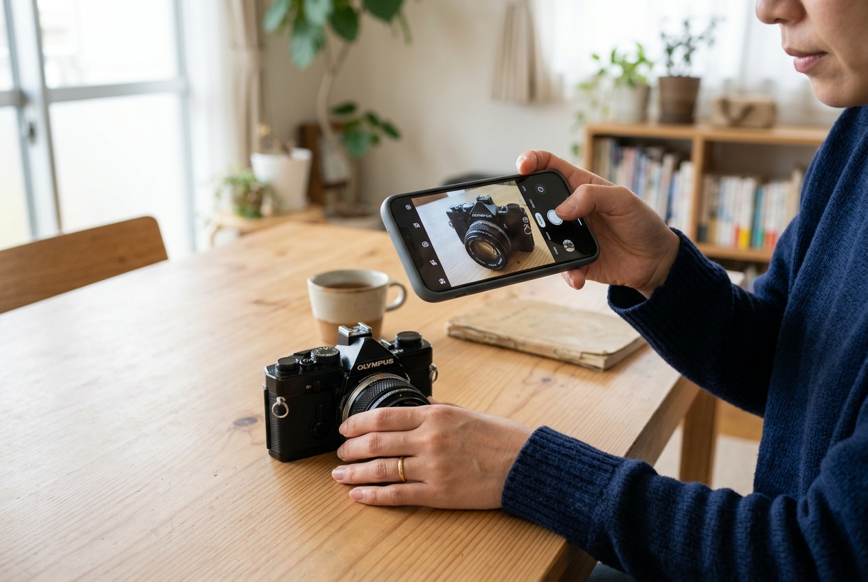 リビングのテーブルでカメラに手を添えスマートフォンで型番や全体を撮影する様子