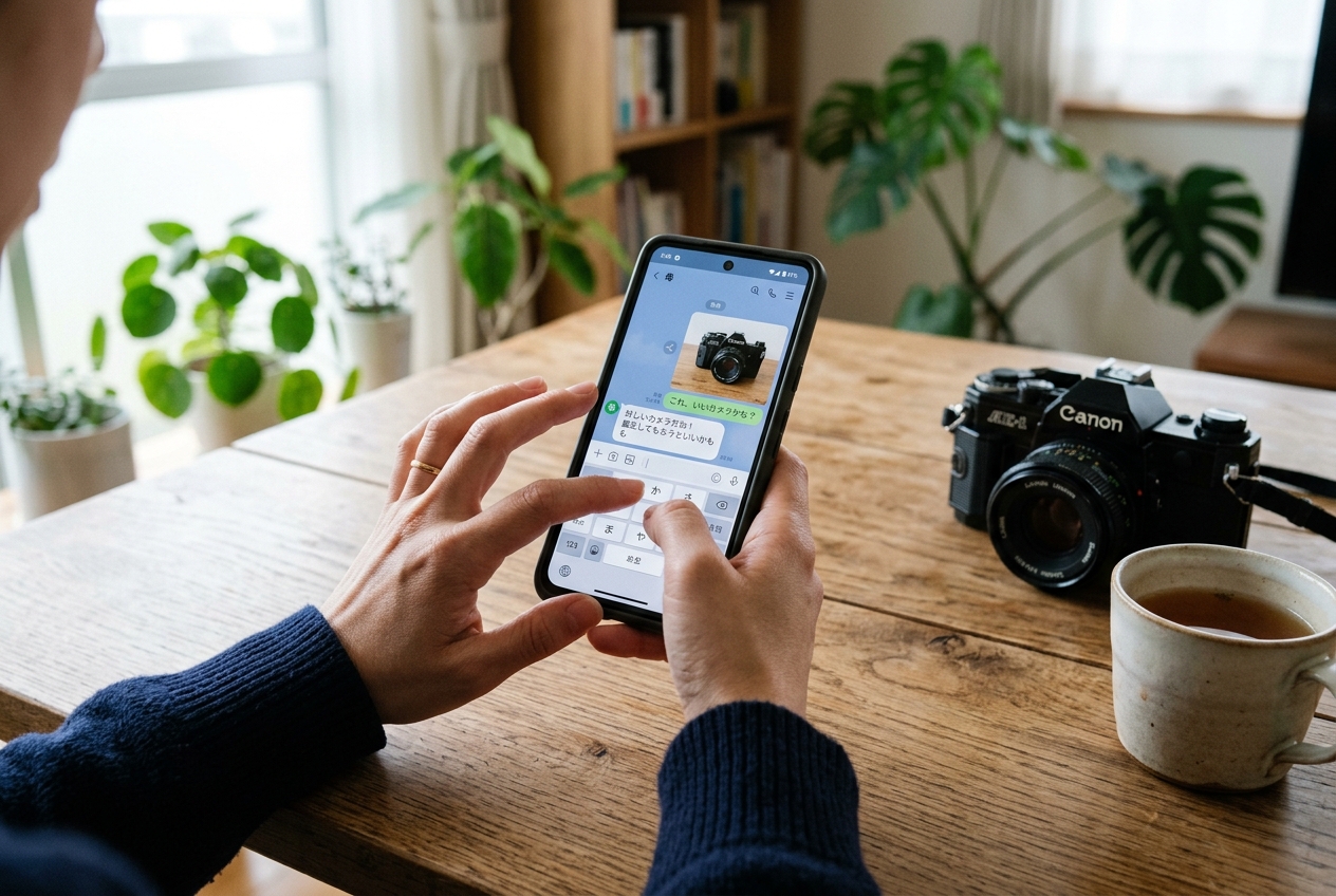 リビングのテーブルでスマートフォンから撮影したカメラの写真をLINE送信する様子