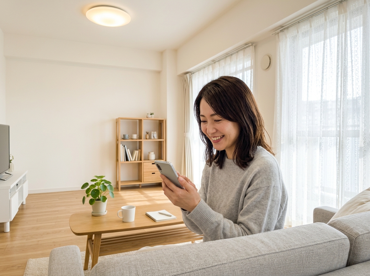 リビングのテーブルでLINEの査定目安額返信を確認し安心した笑顔を浮かべる女性