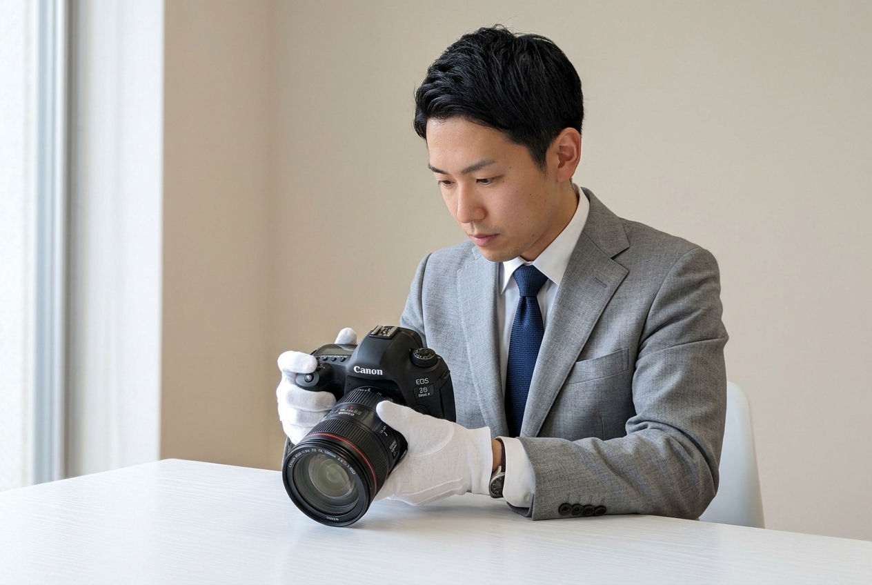 白手袋でCanonカメラを丁寧に査定する専門スタッフ