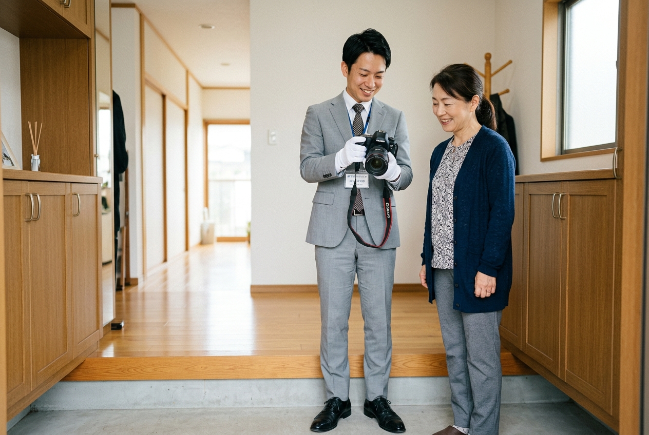 明るい玄関先でお客様の大切なカメラを白手袋で丁寧に拝見し親身にご説明するスタッフ