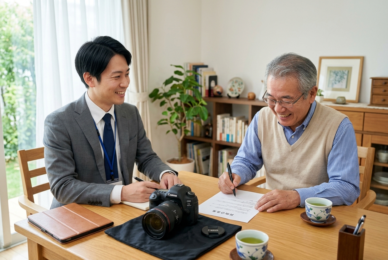お客様のご自宅リビングにて無理な強要なく納得の契約を行う風景